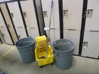 Rubbermaid Commercial Mop Bucket, C/w Mop and (2) Rubbermaid Roughneck 77L Trash Cans (G Front)