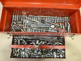 Tool Box c/w Assortment of 3/8 In. SAE and Metric Sockets, Extensions and Ratchets (T-2-1)