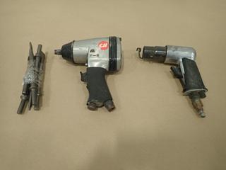 (1) Campbell Hausfeld TLX102 1/2 In. Impact Wrench, (1) Campbell Hausfeld TL1003 Short Barrel Air Hammer c/w Chisel Attachments (G1)