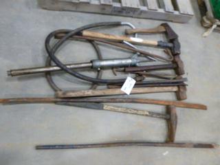 Qty of Assorted Hand Tools Including Hatchet, Sledge Hammer, Breaker Bars,  Barrel Pump and More (Row 3)