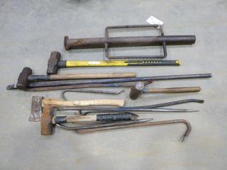 Qty of Assorted Hand Tools Including Axe, Post Pounder, Sledge Hammers, Crow Bars and Breaker Bars (Row 3)