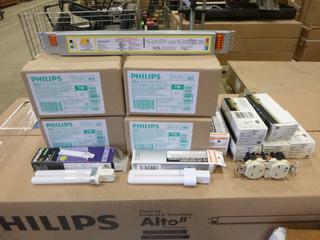 (4) Boxes of Philips Alto 7W Bulbs, 10 Per Box, (3) Sylvania Dulux Light Bulbs, (5) Leviton Hospital Grade Duplex Receptacle, (1) AC Electronic Fluorescent Ballast (C1)