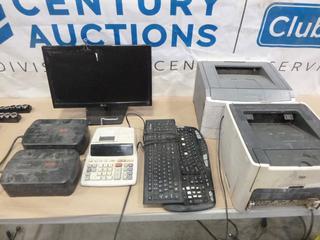 Lexmark Laser Printer, HP Printer, 21 In. LG Monitor, (2) APC Battery Back Up, Surg Protectors, (2) Keyboards, Sharp Calculator Printer, Mouse and Assorted Cables (P-3-3)
