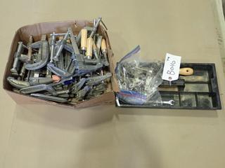 Qty of Assorted 2 - 3 In. C-Clamps and 6 In. F Clamps, C/w Cabinet Hinges (B2)