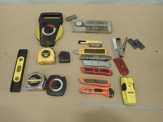 Qty of Assorted Tools Including Measuring Tapes, Box Cutters, Utility Knives, Stud Finder, Micrometer and Torpedo Level (C2)