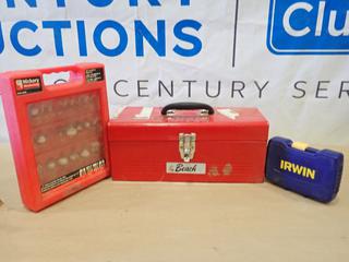 Metal Tool Box w/ a Variety of Router Bits, Hickory Wood Working 1/4 In. Shank, Carbide Router Bits and Irwin Spade Wood Drill Bit Set (C2)