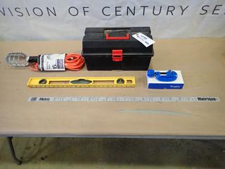 Unused Trouble Light w/ 50 Ft. Cord, Plastic Tool Box w/ Tools, Unused Swagelok Pipe Cutter 3/8 In. to 1 In., Stanley Level and Mastercraft Aluminum Meter Stick (C2)
