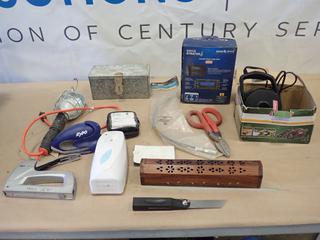 Crate w/ Hand Tools includes Trouble Light, Coleman Electric Air Pump and Sirius Satellite Radio(R-2-1)