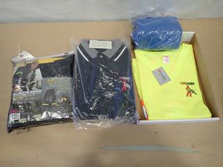 (1) Climate Gear Weather Resistant Work Gear 3 Pc Suit, Size XL, (2) 2XL Golf Shirts, (1) XL High Visibility Work Shirt, (1) Lightweight Blue Blanket (E1)