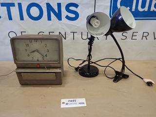 Vintage Punch Clock, C/w (2) Desk Lamps(R-2-1)