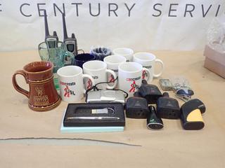 Crate w/ Unused Mugs, (2) Uniden 2 Way Radios w/ Charger, Olympus Camera, Power Inverters and More (E1)