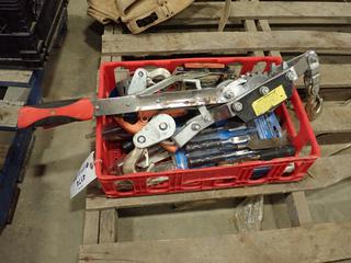 Qty of Chisels, Clamps, Spade Drill Bits, Sawzall Blades, Auger Bits, (2) Cable Come-A-Longs (W2)
