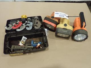 Tool Box w/ Pipe/Tubbing Cutters, Flaring Tool and (3) Flashlights (W2)