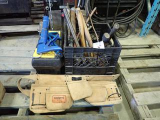 Crate of Hammers, Hatchets, Caulking Guns, Kunys Tool Pouch and Tool Box of Tin Snips (W4)