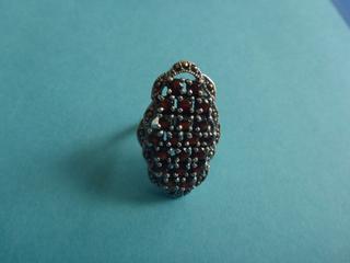Ladies Sterling Silver Ring, Red  Coloured Stones and Clear Chip Stones, Approx. Size 5.75