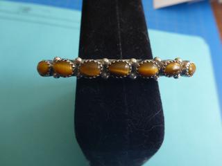 Ladies Sterling Silver Bangle Bracket w/ 7 Tiger Eye Coloured Stones