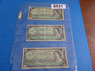 (3) 1967 Canadian One Dollar Bills