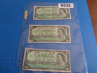 (3) 1967 Canadian One Dollar Bills