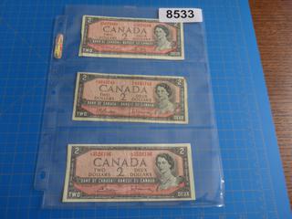 (3) 1954 Canadian Two Dollar Bills