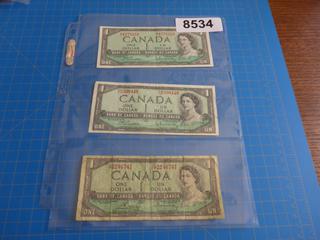 (3) 1964 Canadian One Dollar Bills