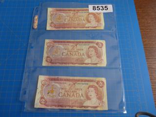 (3) 1974 Canadian Two Dollar Bills