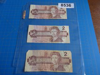 (3) 1986 Canadian Two Dollar Bills