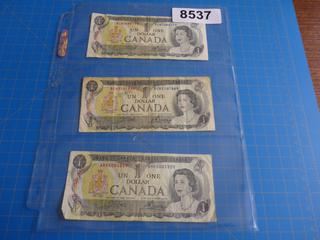 (3) 1973 Canadian One Dollar Bills