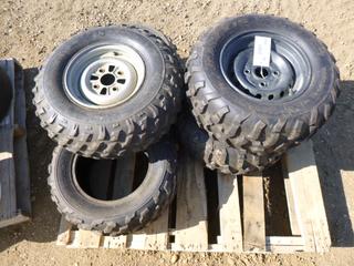 (2) Maxxis 24x10.00-12 Tires On Rims, (2) Bridgestone Dirthooks AT24x8-12 Tires, (1) Goodyear AT24x9-11 Tire On Rim, 80% Thread