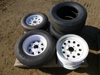 (3) Trail America ST205/75D14 Tires, (2) Dexstar 5 Bolt Rims 15x5 In., (1) Maxxis Radial M8008 ST215/75R14 Tire, (1) Radial Trail Carlisle ST175/80R13 Tire On Rim, 80% Thread (Row 5)