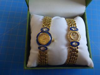 Perucci Isabel Matching Ladies Watch and Bracelet Set, Gold Tone and Blue Inlay Around Face w/ Gem Stones