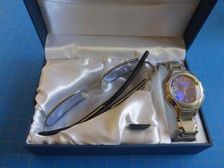Geneva Set of Men's Silver Tone Watch & Silver / Black Framed Sunglasses