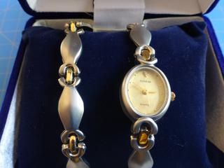 Geneva Ladies Matching Silver / Gold Toned Watch and Bracelet