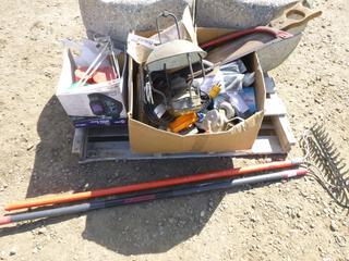 Qty of Misc Item Including (2) Rakes, Hinges, Woods Dowels, Latches, Assorted Saw Blades, Silicone, Fittings and Lantern (Row 4)