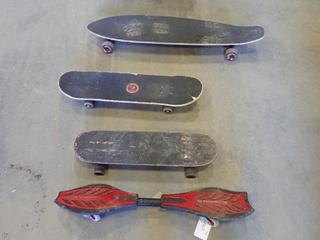 (2) Skate Boards, (1) Long Board, (1) Rip Stick (B Back)
