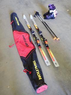 Down Hill Skis and Boots, Raichle Boots, Kastle 180 cm Skis, Salomon 577 Bindings, Kastle Ski Poles, Head Traction Ski Bag (C Back)
