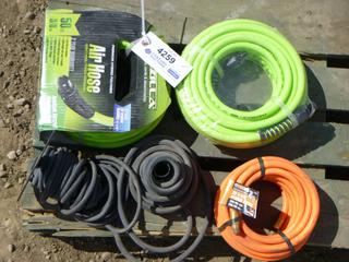 (2) Flexilla Premium Hybrid Polymer Air Hose, 50 Ft., 3/8 In., 300 PSI w/ 25 Ft. 3/8 In. Hybrid Air Hose, 300 PSI Working Pressure, 900 PSI Burst Pressure, (2) Spools of Rubber Vacuum Hose (Row 4)