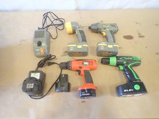 DuraPro 1/4 In. Cordless Impact Drill Model 06-450, DuraPro Model 06-451 Cordless Work Light, DuraPro Charger, Kawasaki 10 mm Cordless Drill with Batter, *Note: No Charger*, Black & Decker Cordless Drill with Battery, *Note: No Charger*, and (2) 12 V Batteries with Charger, *Note: These Batteries and Chargers Are Not Related to Any Other Items in Lot* (G2)