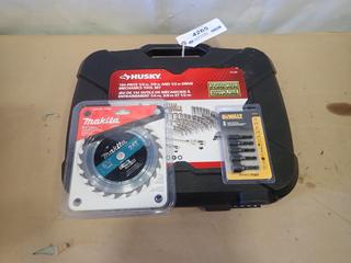 Husky 134-Piece, 1/4 In., 3/8 In., and 1/2 In. Drive Mechanics Tool Set, c/w Makita 6.5 In. Carbide Tipped Saw Blade and DeWalt 5-Piece Magnetic Nut Driver Set (E1)