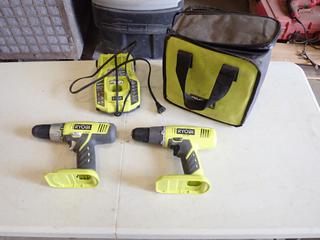 (1) Ryobi P271 18V 1/2 In. Drill, (1) Ryobi P209 18V 3/8 In. Drill, (1) Ryobi One Plus Battery Charger and Carrying Bag (B1)