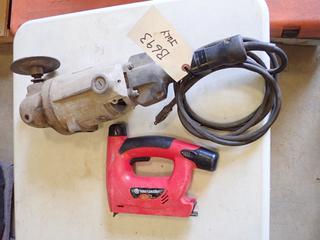 (1) Black and Decker 7 In. Angle Grinder (Missing Guard and Handle), (1) King Canada Battery Powered 4.8V Stapler *Note: Stapler Has No Charger* (A2)