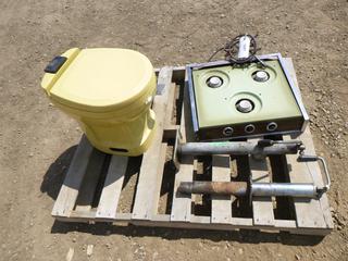 Classic Camper Flush Toilet, (2) Trailer Jacks, Traveler 3 Burner Propane Stove (Row 4)