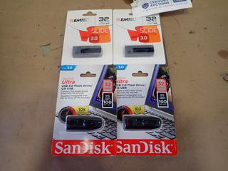 (2) Unused SanDisk Ultra 32 GB USB 3.0 Flash Drives, (2) Emtec Slide 32GB USB 3.0 Flash Drives (Upstairs)