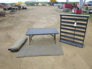 Shelf Bin Organizer w/ (1) Rubber Mat, (1) Roll Of Carpet w/ Rubber Bottom, (1) Plastic Table (Row 3)