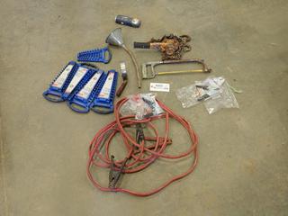 Booster Cables, (4) Unused Clamps, 1/2 In. Come-Along, Mastercraft Stud Finder, Misc. Assorted Tools (M Front)
