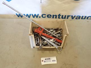 Bin of Assorted Wrenches: SAE and Metric, Pipe Wrench, Screw Drivers, 2 Ft. 3/8 In. Extension (E1)