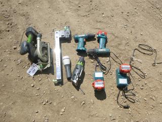 (2) Makita Cordless Drills Includes: (2) Battery Chargers and (3) Batteries, Light Drill Driver, Circular Saw with Battery, *No Charger*, *Note: Circular Saw Runs, Unknown Working Condition on All Others* (Front Desk)