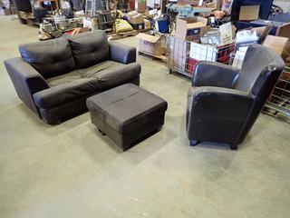 Pleather Love Seat, Chair and Ottoman *Note: Wear and Tear, Chair Has Ripped Seat* (W1)