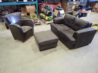 Pleather Love Seat, Chair and Ottoman *Note: Wear and Tear*(W1)