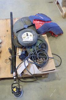 Box of Angle Brackets For Shelving, Powered Wash Wand, Assorted Wheels and Tires, (2) Water Tank Lids, Coleman Life Jacket (H)