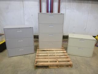 (3) Lateral Filing Cabinet Units: (1) 2-Drawer 19.25 In. x 36 In. x 28 In., (1) 3-Drawer 18 In. x 36 In. x 41 In., (1) 4-Drawer 18 In. x 36 In. x 54 In (ROW 3)